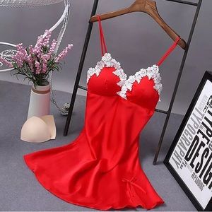 Women Red Lace Silk Skirt Sleepwear